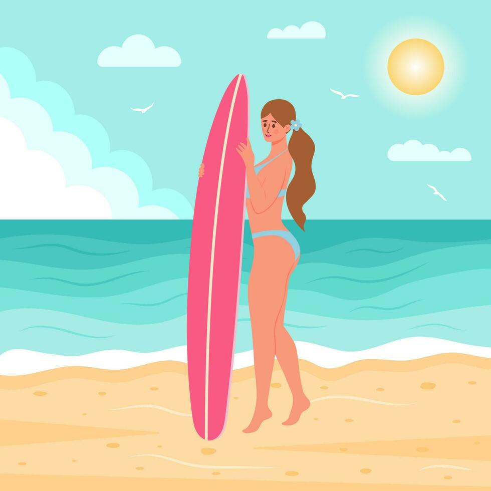 femme dans maillot de bain avec planche de surf sur le plage. heure d'été, paysage marin, actif sport, surfant, vacances concept. plat dessin animé vecteur illustration.