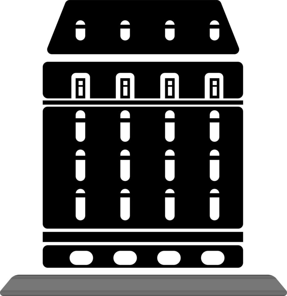bâtiment ou Hôtel noir et blanc icône. vecteur