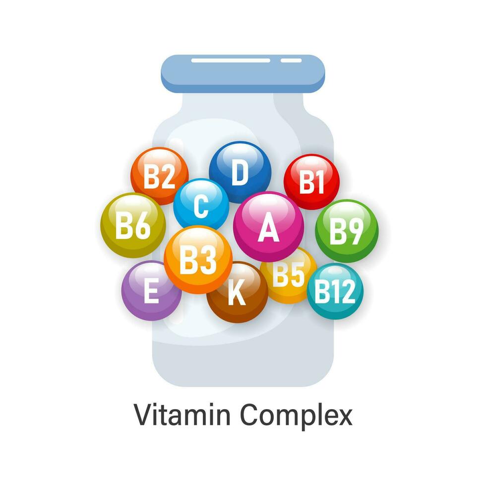 en bonne santé nutrition vitamine complexe. illustration de vitamine Icônes, ensemble. le concept de médicament et soins de santé. vecteur