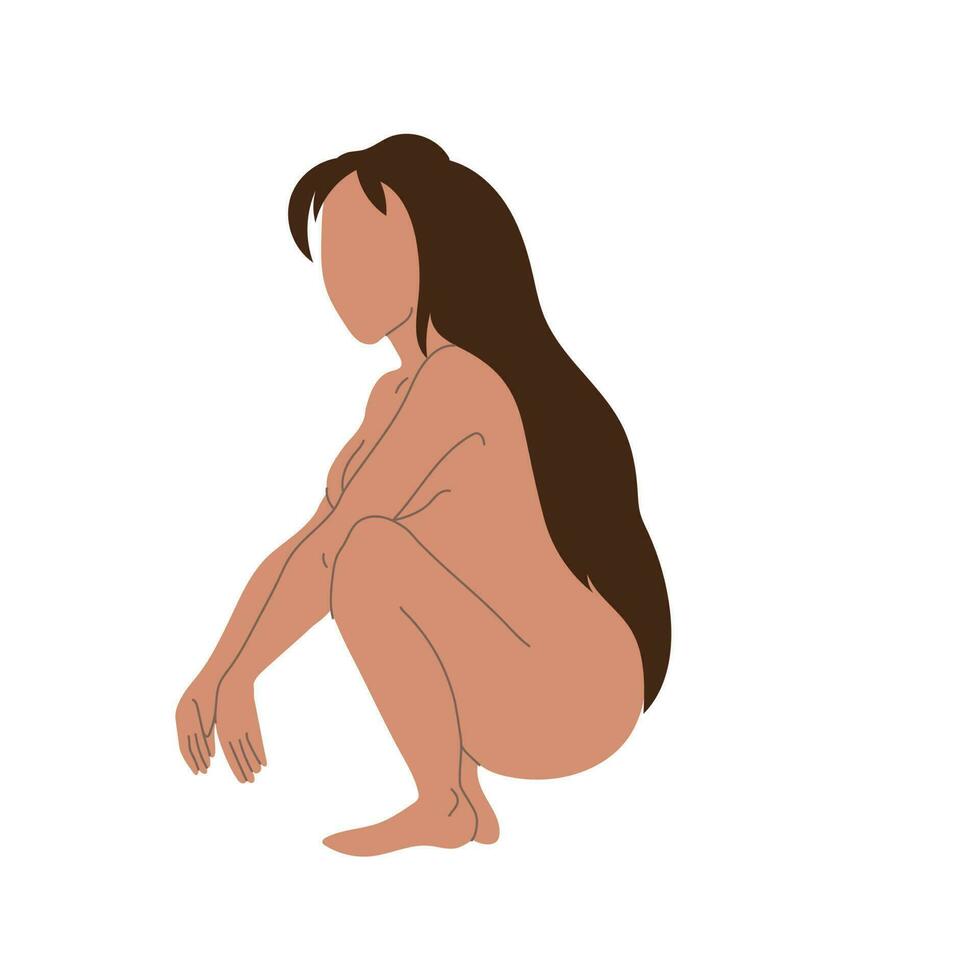 Jeune femme squat côté vue isolé sur blanc Contexte. vecteur