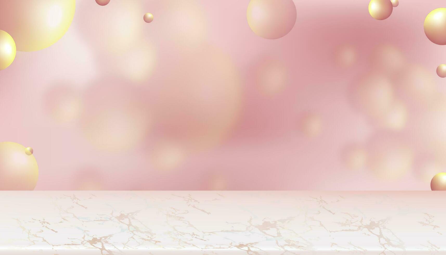 studio Contexte avec podium afficher avec abstrait bulles 3d sphères grappe rose pastel Contexte avec avec marbre sol, vecteur futuriste Aléatoire Balle produit présentation pour cosmétique, beauté, spa