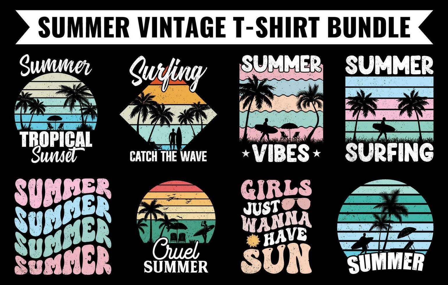 été ancien T-shirt conception empaqueter, plage T-shirt vecteur ensemble, surfant T-shirt paquet