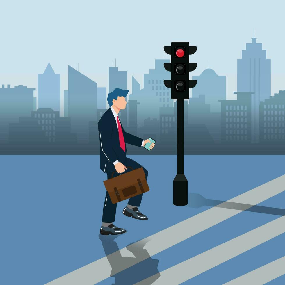 homme d'affaire en marchant à le ville façon lorsque circulation lumière pour Véhicules est rouge conception vecteur illustration