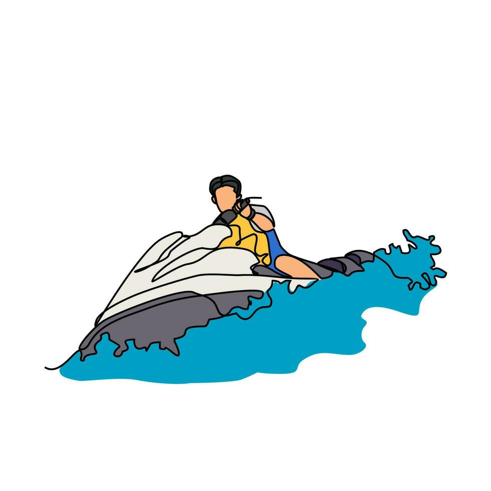 un continu ligne dessin de une gens en jouant jet ski sur le mer. jet ski concept illustration dans Facile linéaire style. mer sprout conception concept vecteur illustration