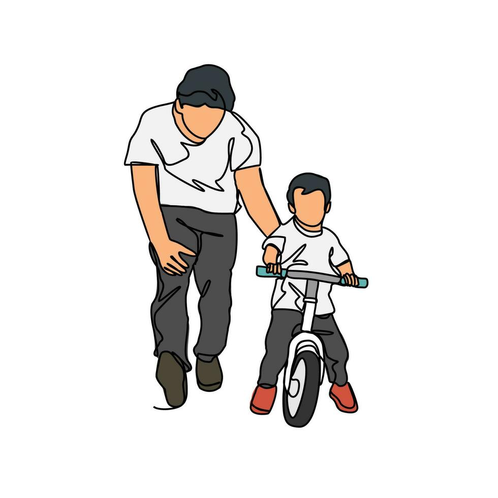 une père est enseignement le sien fils à utilisation une vélo dans continu ligne art dessin style. conception avec minimaliste noir linéaire conception isolé sur blanc Contexte. sport thèmes vecteur illustration mots clés