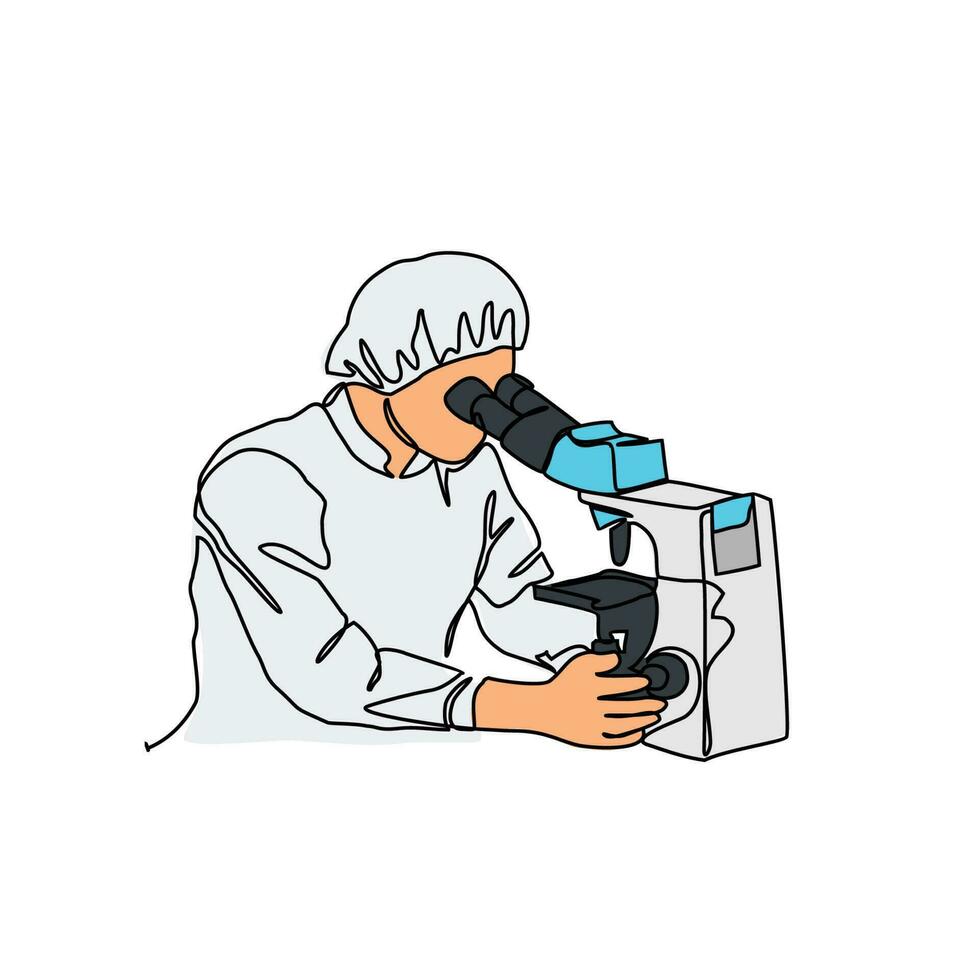 un continu ligne dessin de laboratoire officier en utilisant le microscope. chimique et laboratoire conception concept avec Facile linéaire style. laboratoire vecteur conception concept.