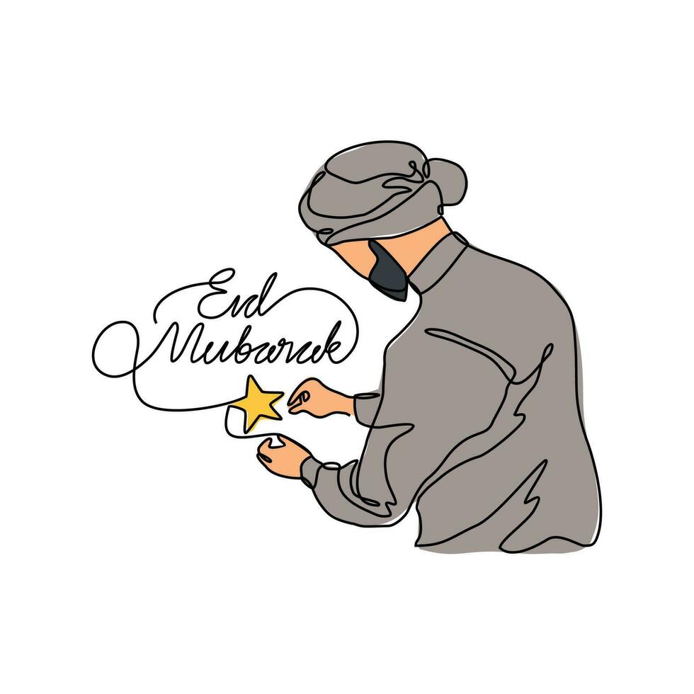 un continu ligne dessin de une musulman homme en train de préparer le décoration pour eid moubarak. eid mubarak et Ramadan kareem conception concept avec Facile linéaire style. eid mubarak vecteur conception concept.