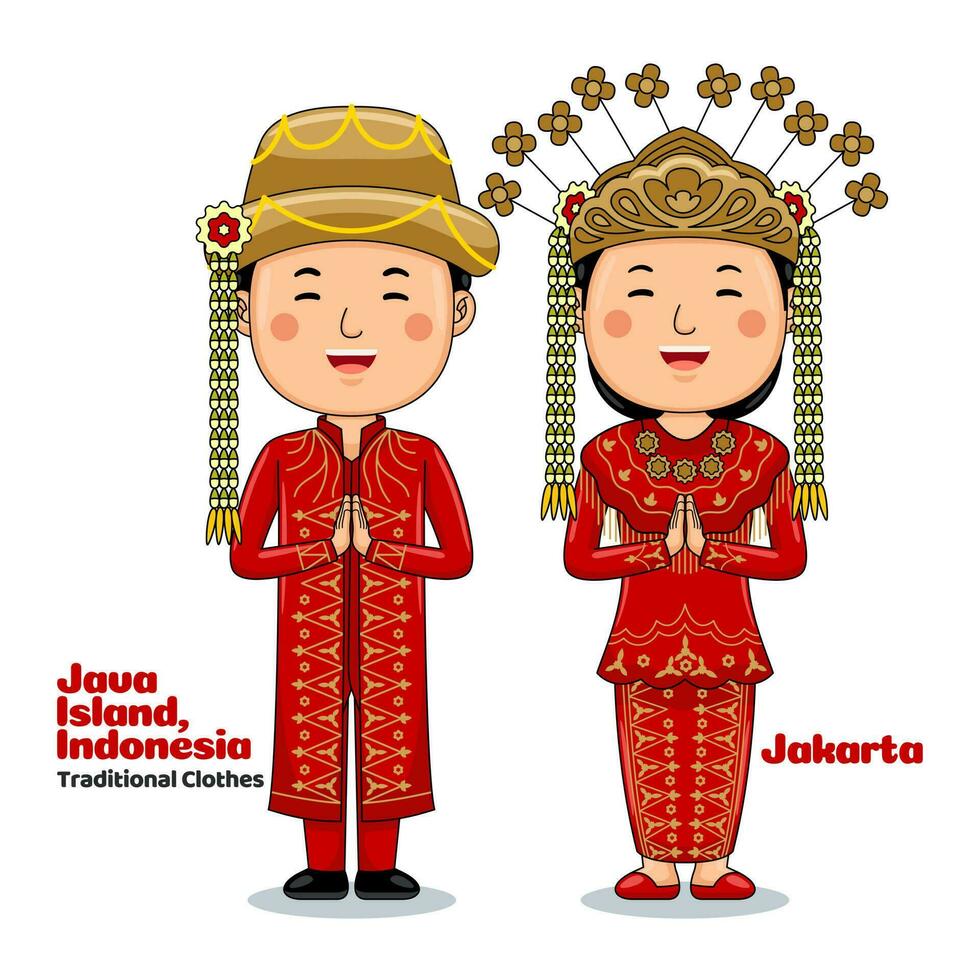 couple porter traditionnel vêtements salutations Bienvenue à jakarta vecteur