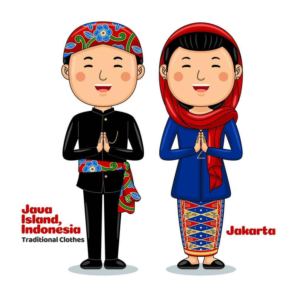 couple porter traditionnel vêtements salutations Bienvenue à jakarta vecteur