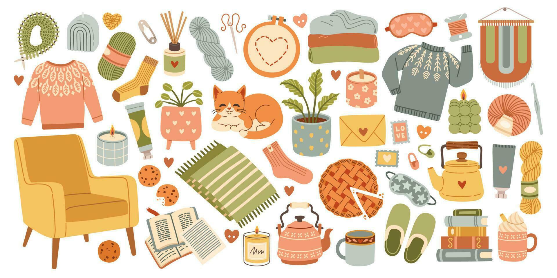 hygge ensemble, main tiré illustrations, scandinave griffonnage vague éléments. confortable et confortable mode de vie, hiver et l'automne ambiance. chaise, chat, chandail, chaussettes, les plantes. vecteur illustration