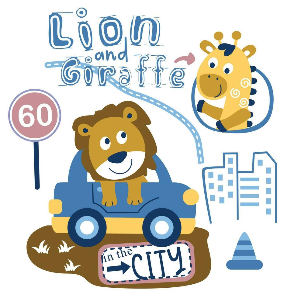 Lion sur le voiture marrant animal dessin animé vecteur