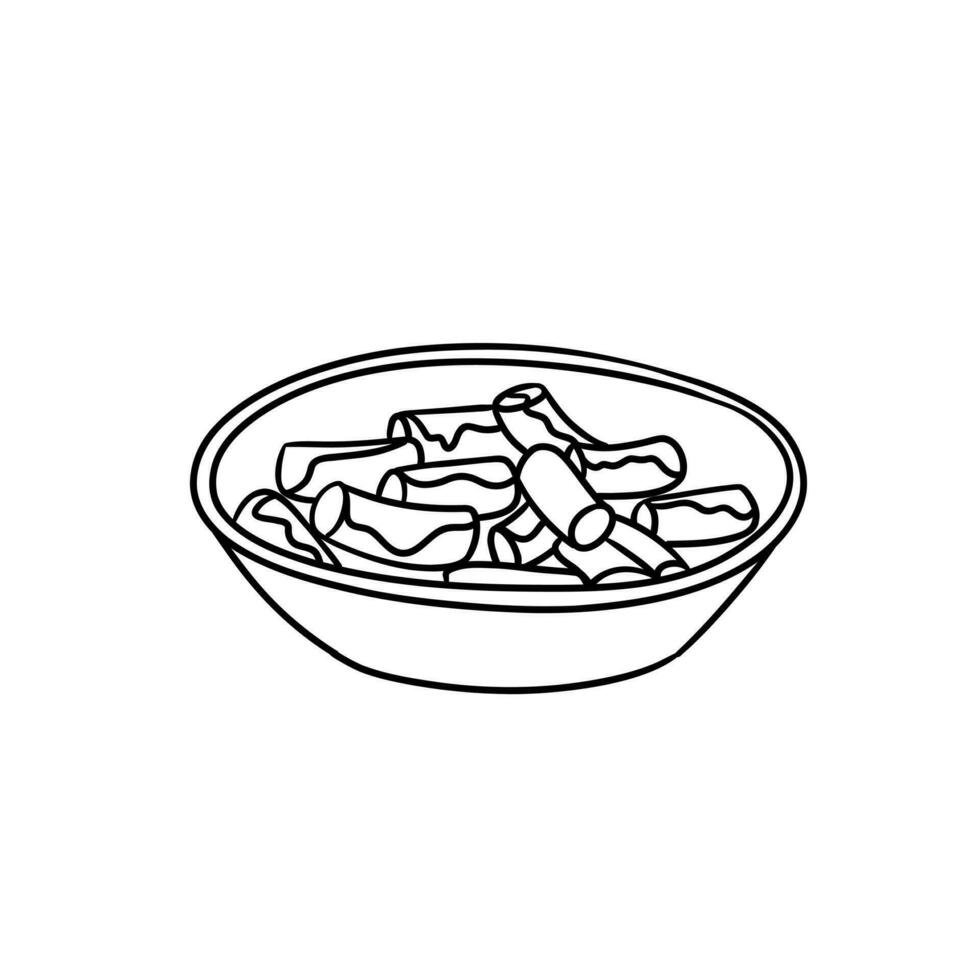 coréen traditionnel rue nourriture riz gâteau. épicé tteokbokki plat. asiatique cuisine repas. vecteur illustration dans contour style.