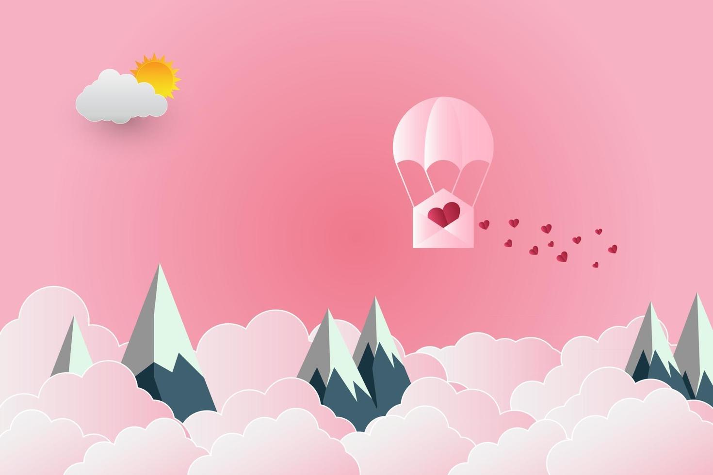 ballon de la saint valentin en forme de coeur flottant dans le ciel et de belles montagnes nuage papier art vecteur