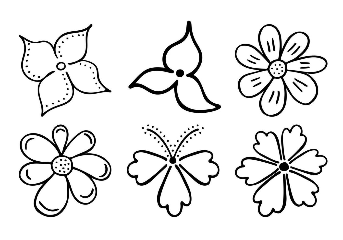 esquisser des fleurs de contour de doodle. dessin dessiné à la main de bourgeons de plantes pendant la floraison. silhouettes de pétales. vecteur isolé.