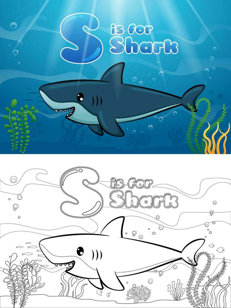 dessin animé requin avec alphabet sous-marin. coloration livre ou page vecteur