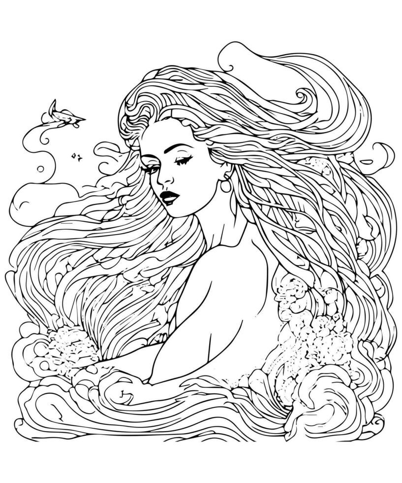 exquis Sirène ligne art enchanteur illustration coloration page pour adulte coloration livre vecteur