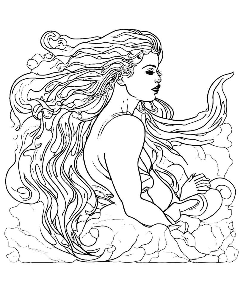 exquis Sirène ligne art enchanteur illustration coloration page pour adulte coloration livre vecteur