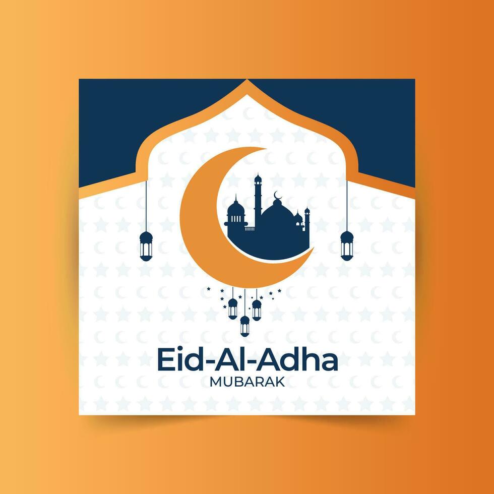 eid Al adha mubarak islamique Festival social médias bannière conception, vecteur illustration islamique Contexte avec magnifique mosquée, étoiles, lune et lanternes.