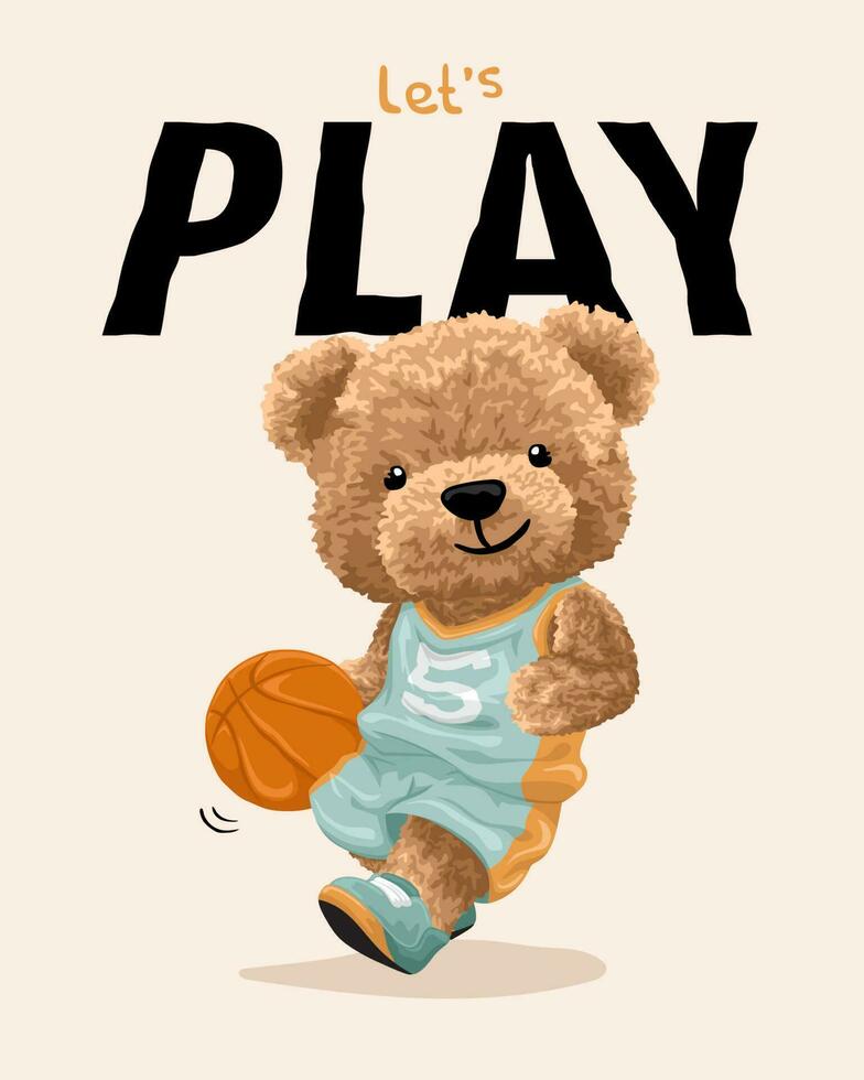 main tiré vecteur illustration de nounours ours dessin animé en jouant basketball