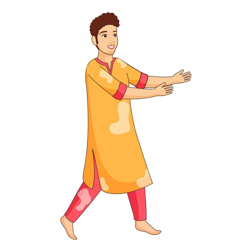 Jeune garçon portant kurta pyjama avec ouvert le sien bras. vecteur