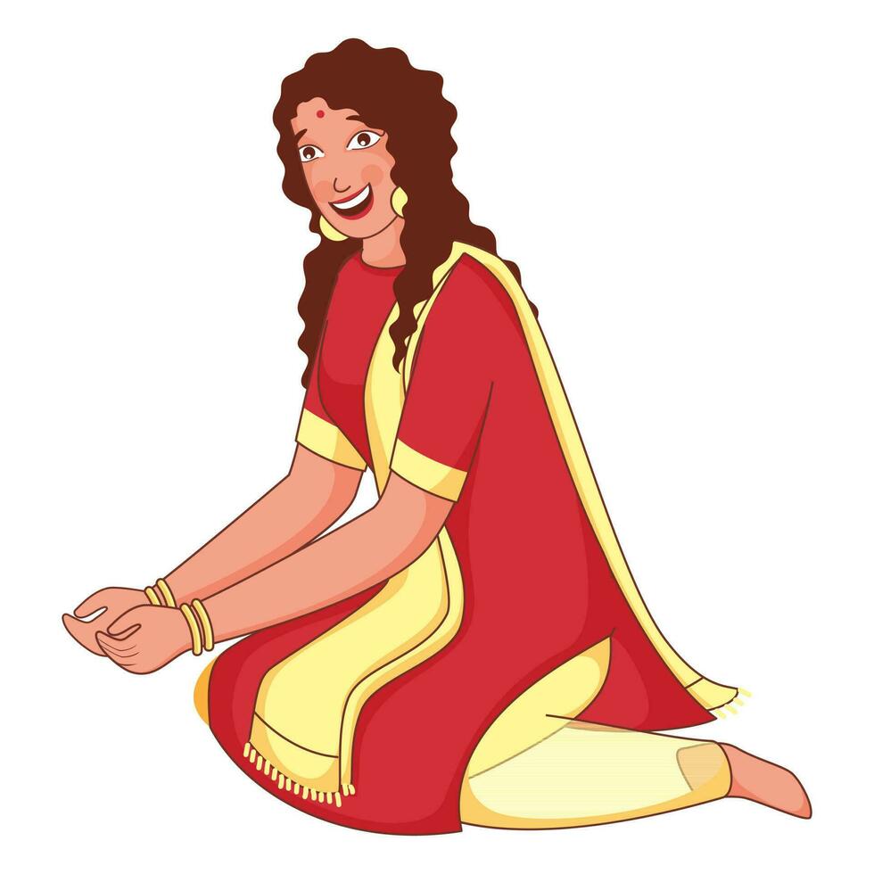 dessin animé personnage de de bonne humeur Indien fille séance dans élégant pose. vecteur