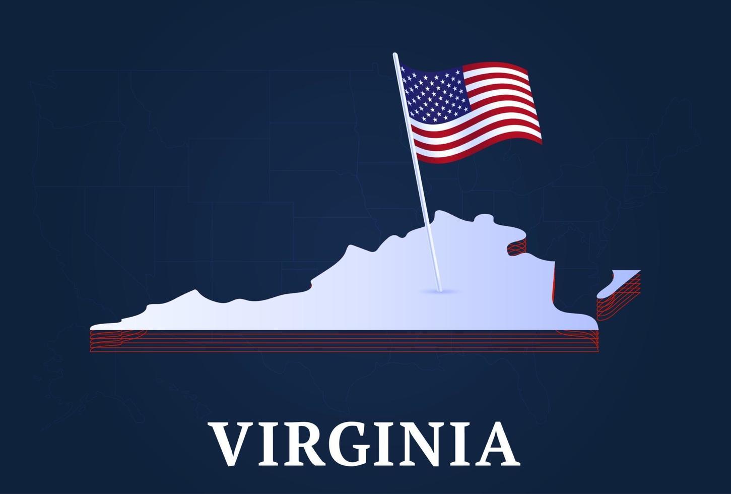 Carte isométrique de l'état de Virginie et drapeau national des États-Unis forme isométrique 3d de l'illustration vectorielle de l'état américain vecteur