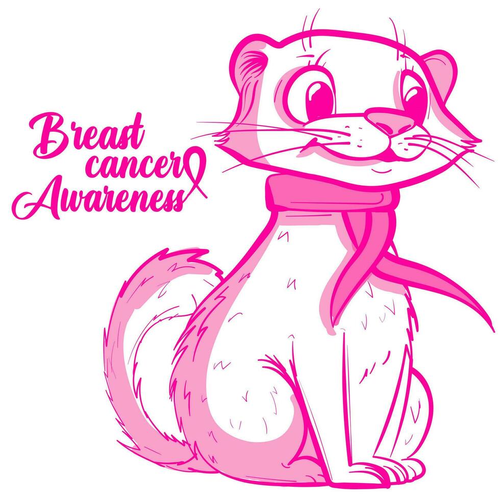 conceptuel art de une rose loutre avec une ruban pour Sein cancer conscience mois. dessin animé belette justificatif une médical cause. mignonne animal pour soins de santé campagne vecteur