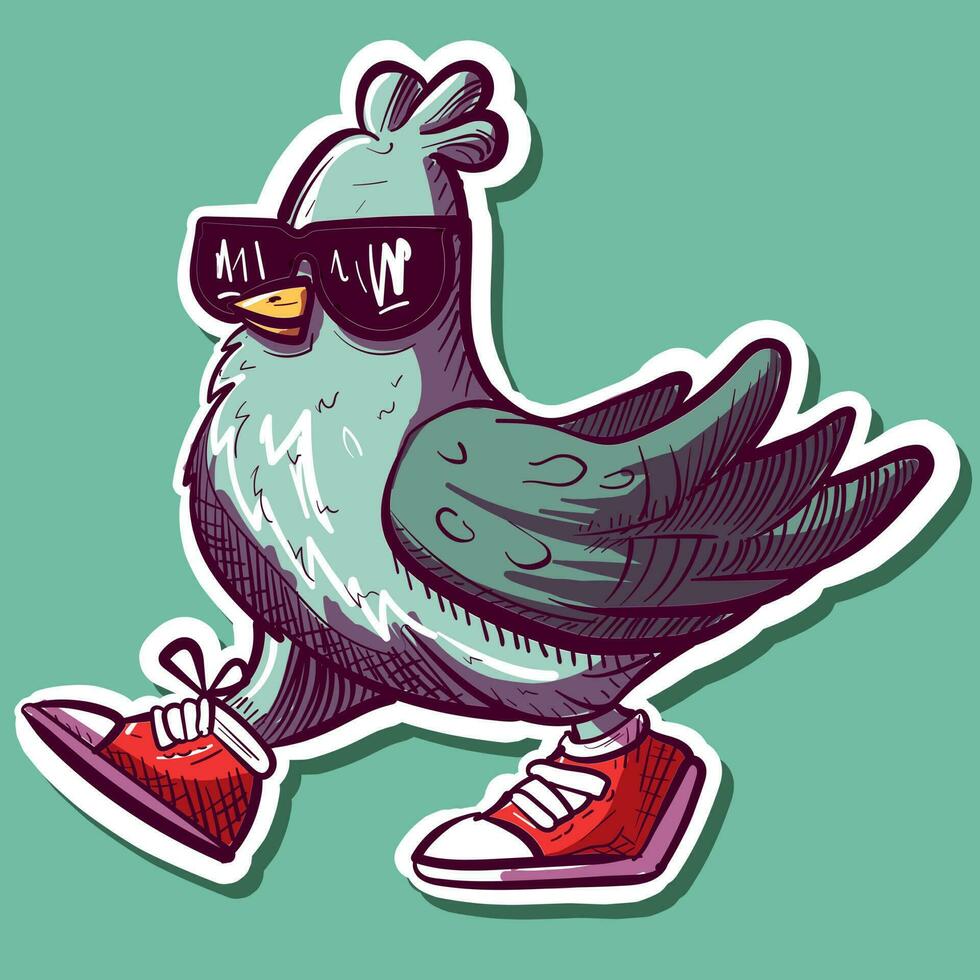 numérique art de une cool Pigeon portant des lunettes de soleil et baskets. hip hop graffiti oiseau avec des lunettes et chaussures. vecteur