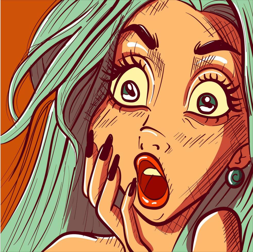 pop art illustration de une surpris femme affronter. fermer vecteur de une épingle en haut fille avec une sous le choc faciale expression.