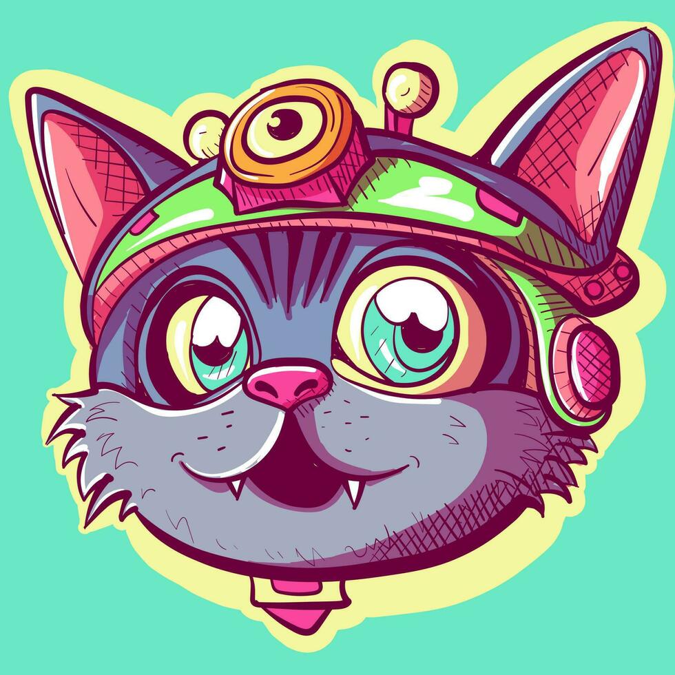 numérique art de une steampunk chat tête avec lentilles et une casquette. souriant minou vecteur portant technologie et robotique vapeur punk gadgets.