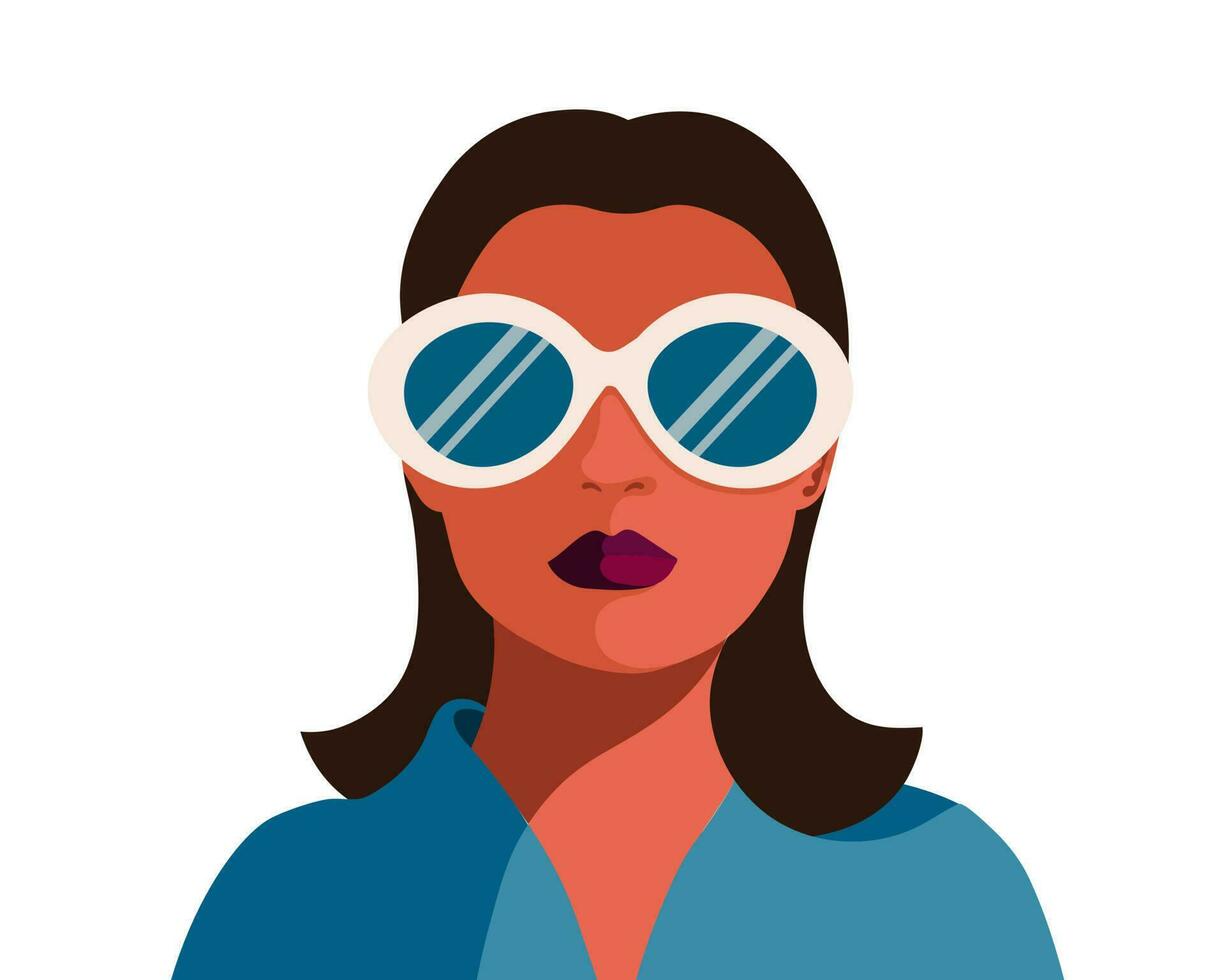 portrait d'une jeune fille à lunettes de soleil. illustration plate d'été, affiche. vecteur