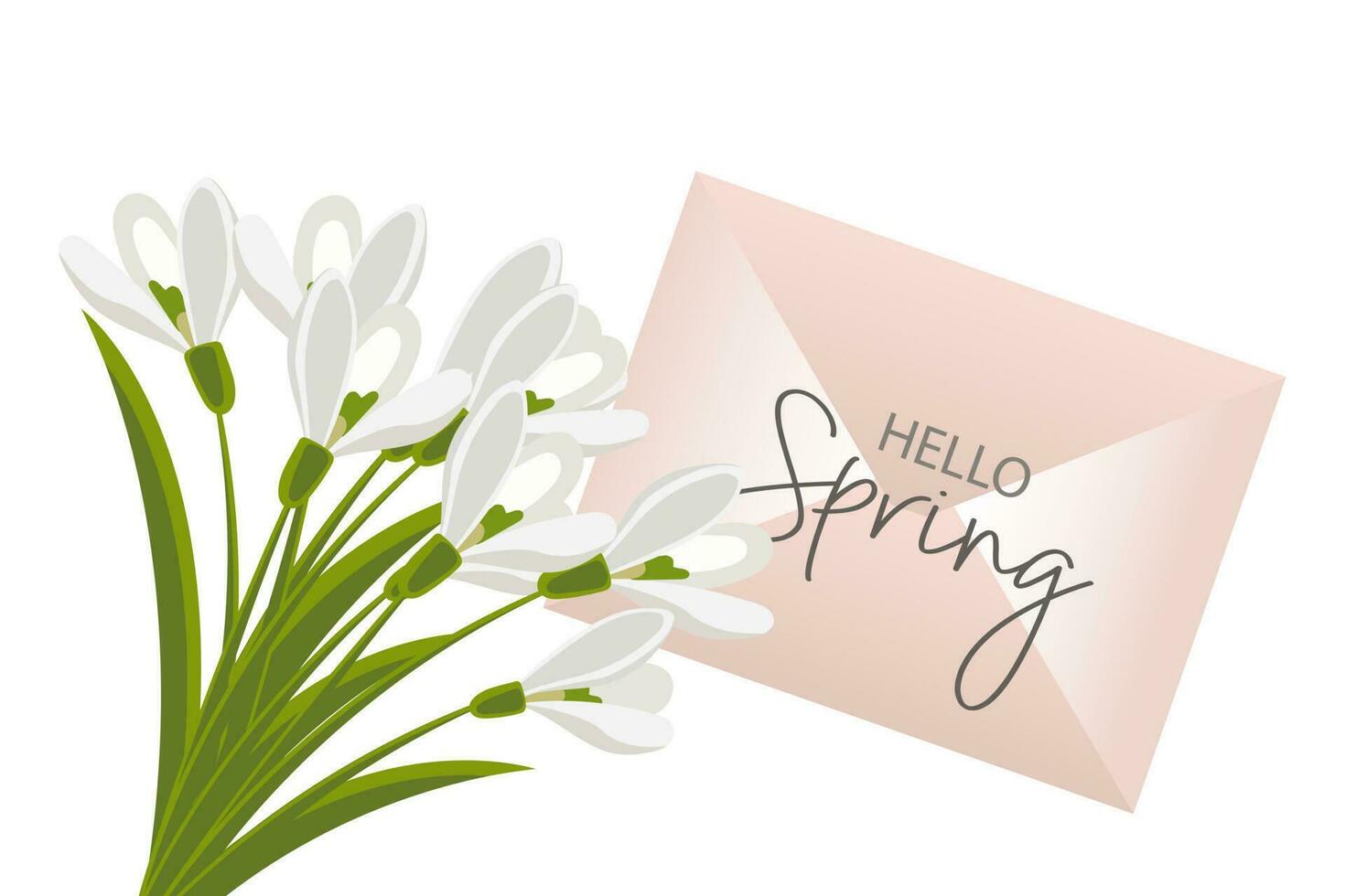 enveloppe avec un bouquet de perce-neige avec le texte bonjour printemps. bannière de félicitations, carte postale, affiche, vecteur