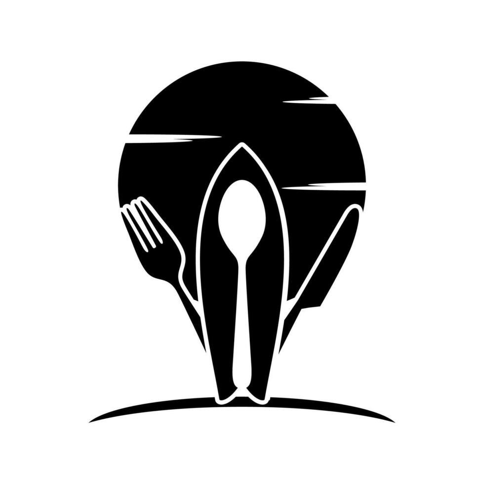 Soleil cuillère fourchette couteau et le surf planche pour plage restaurant logo conception vecteur