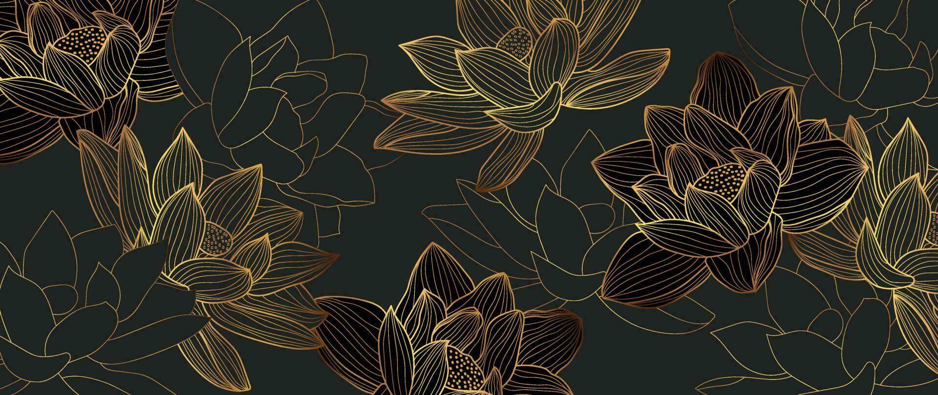 luxe main tiré lotus fleurs Contexte vecteur. élégant pente or lotus fleurs ligne art, feuilles sur foncé Contexte. Oriental conception pour mariage invitation, couverture, imprimer, décoration, modèle. vecteur