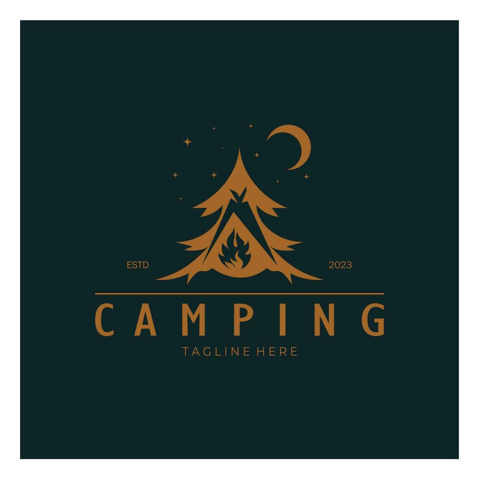 ancien et rétro tente logo, camping. avec tente, arbre et feu signe. aventuriers, éclaireurs, grimpeurs, camping équipement centre vecteur