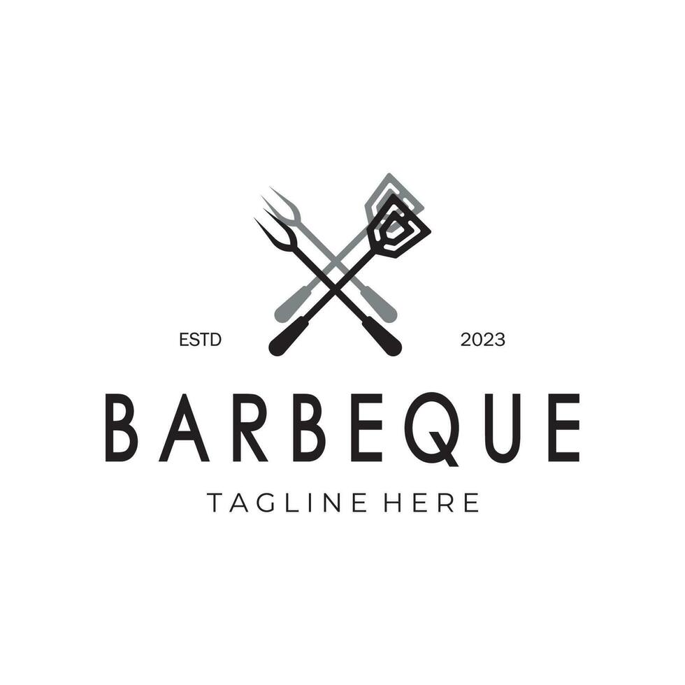 fumée et un barbecue barbecue ancien chaud gril, avec franchi flammes et spatule. logo pour restaurant, badge, café et bar.vecteur vecteur