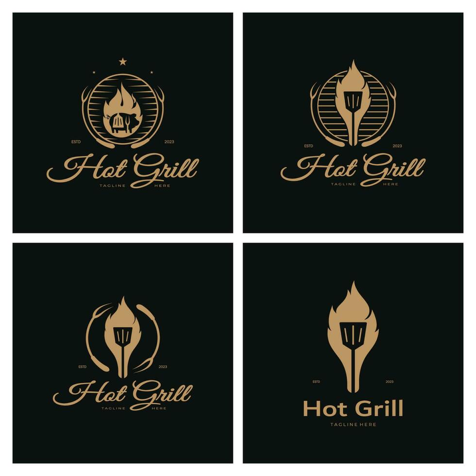 Facile barbecue ancien chaud gril, avec franchi flammes et spatule. logo pour restaurant, badge, café et bar.vecteur vecteur