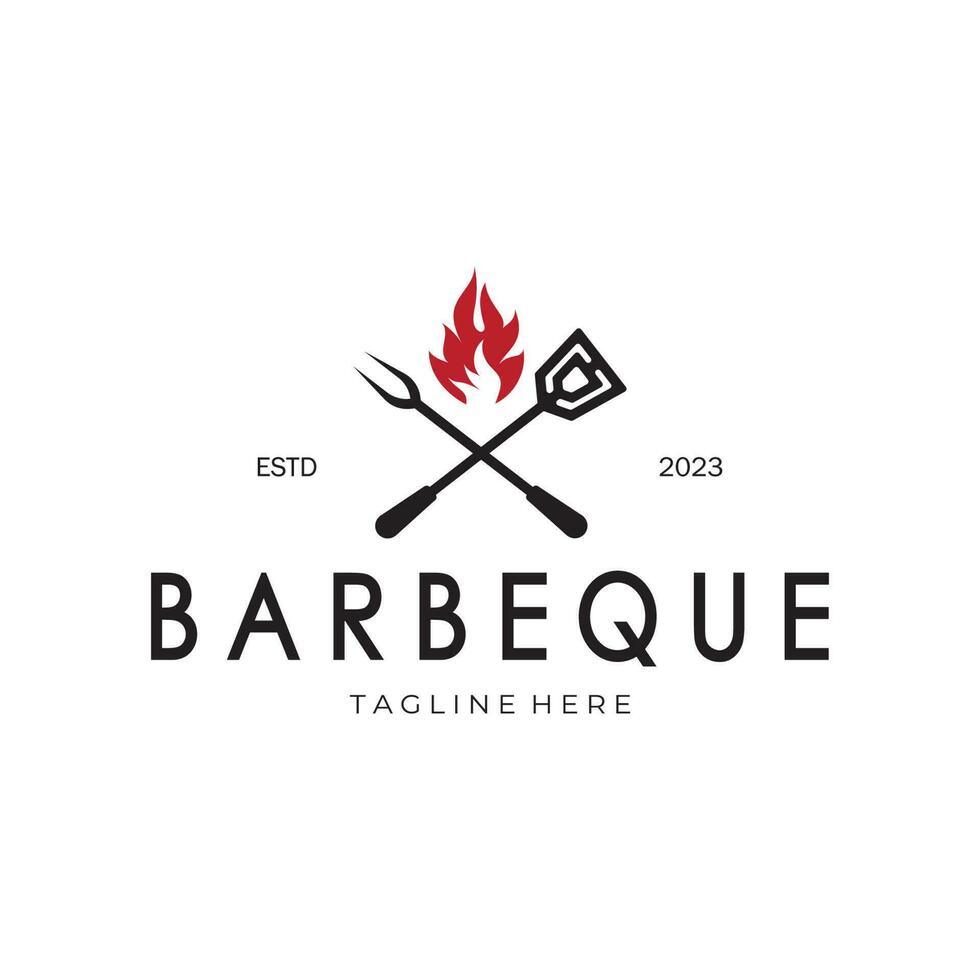 fumée et un barbecue barbecue ancien chaud gril, avec franchi flammes et spatule. logo pour restaurant, badge, café et bar.vecteur vecteur