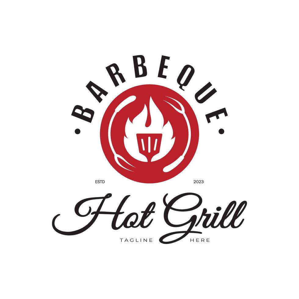 Facile barbecue ancien chaud gril, avec franchi flammes et spatule. logo pour restaurant, badge, café et bar.vecteur vecteur