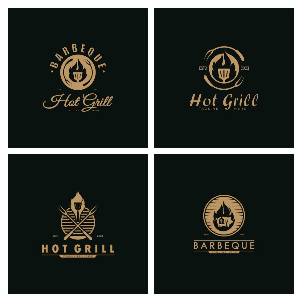 Facile barbecue ancien chaud gril, avec franchi flammes et spatule. logo pour restaurant, badge, café et bar.vecteur vecteur