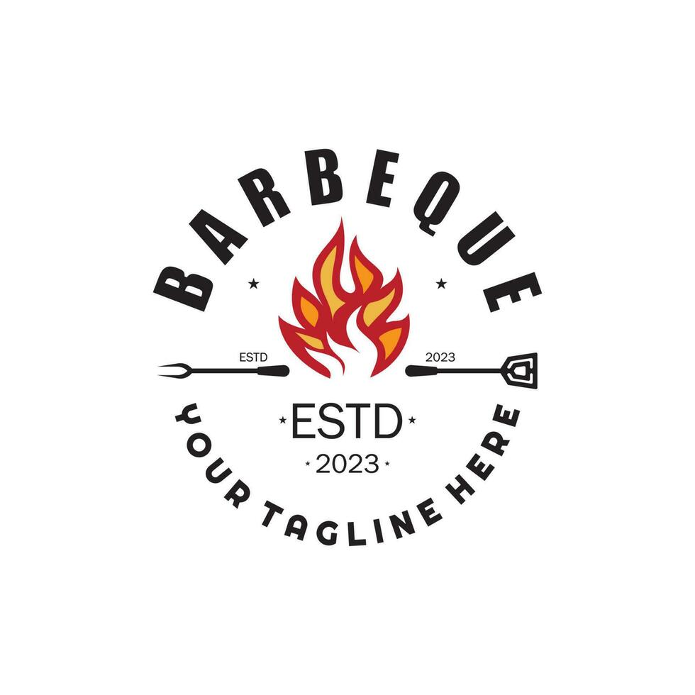 fumée et un barbecue barbecue ancien chaud gril, avec franchi flammes et spatule. logo pour restaurant, badge, café et bar.vecteur vecteur