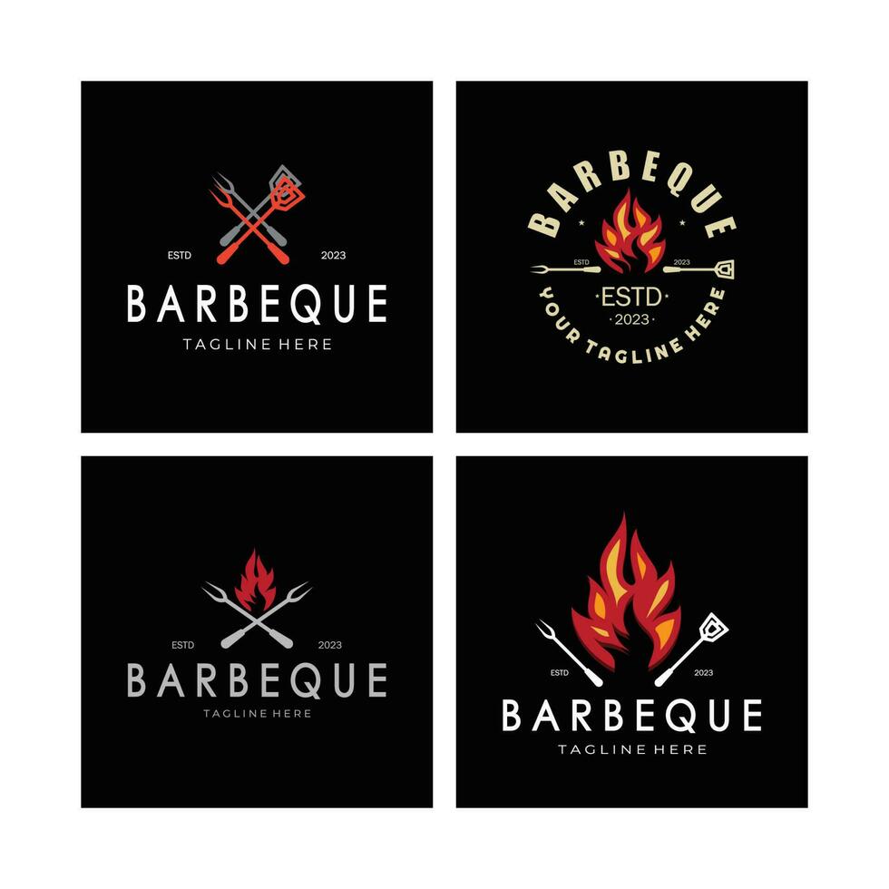 fumée et un barbecue barbecue ancien chaud gril, avec franchi flammes et spatule. logo pour restaurant, badge, café et bar.vecteur vecteur