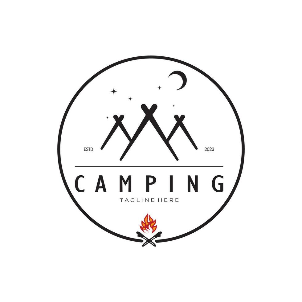 ancien et rétro tente logo, camping. avec tente, arbre et feu signe. aventuriers, éclaireurs, grimpeurs, camping équipement centre vecteur