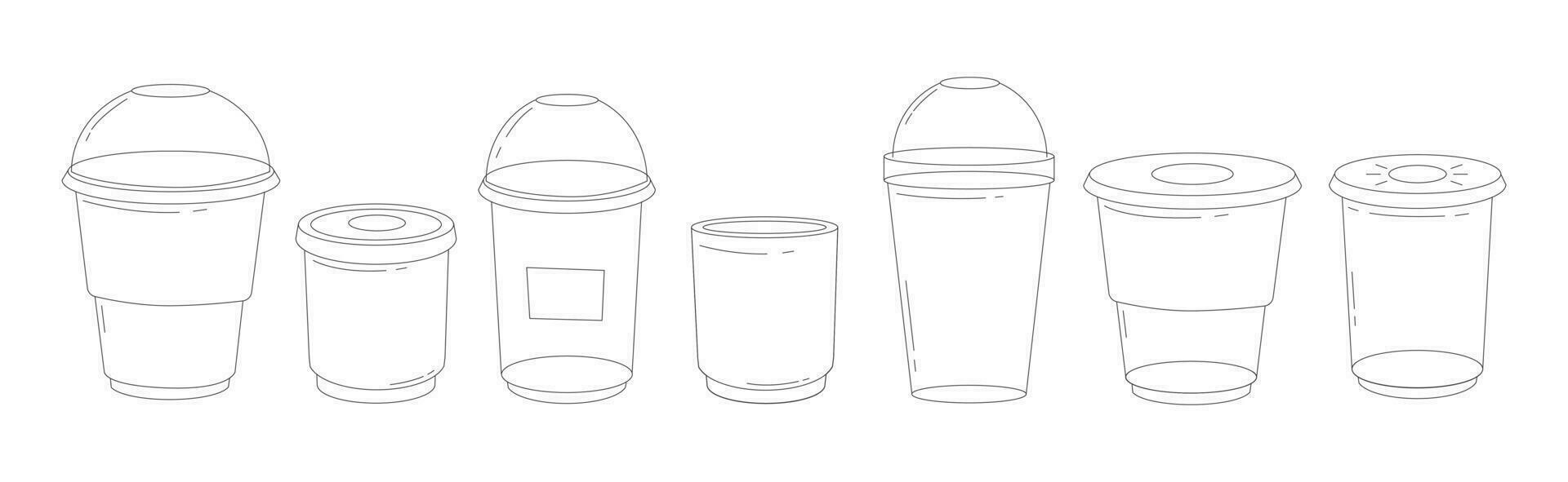 une ensemble de Plastique tasses pour du froid boissons. Plastique tasse modèle silhouette sur isolé blanc Contexte. ligne icône. modifiable accident vasculaire cérébral. griffonnage style. vecteur Stock illustration.