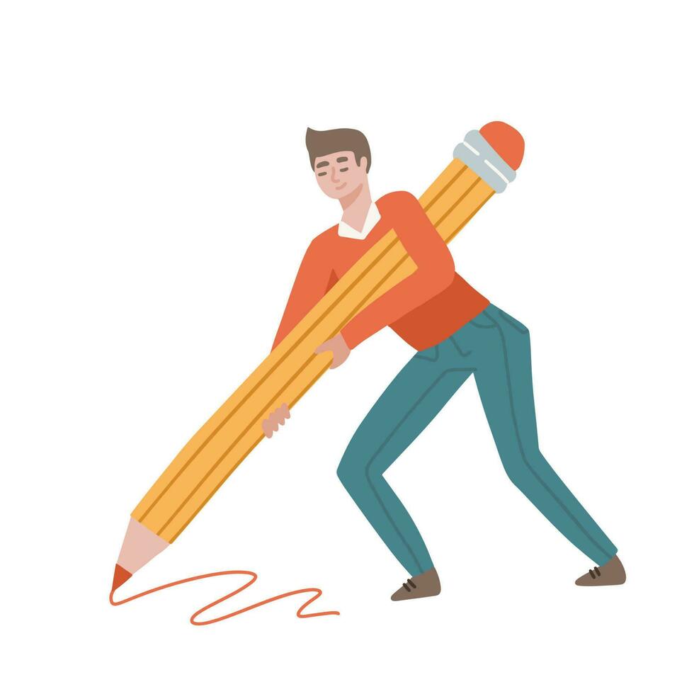 Masculin étudiant l'écriture ou dessin avec une énorme crayon. garçon personnage avec gros crayon dans mains. écrivain ou contenu directeur des stands avec grand stylo. rédaction et bloguer concept. vecteur plat illustration