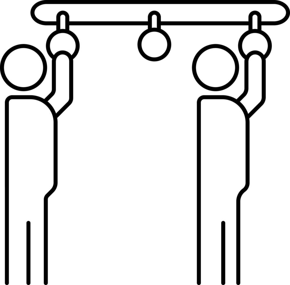 ligne art gens en portant cintre dans Publique transport véhicule icône pour social distanciation. vecteur