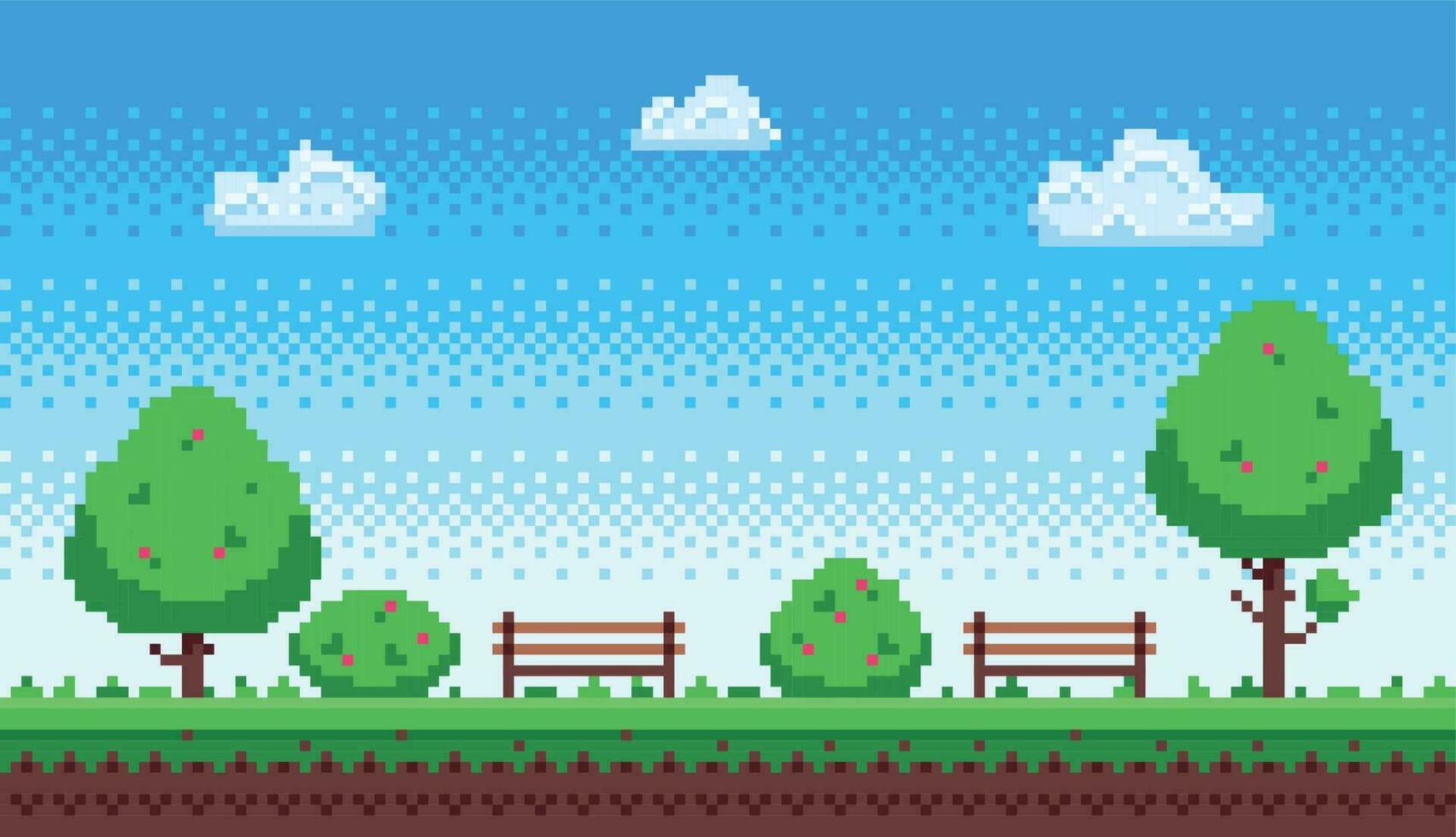 pixel parc. rétro 8 bit Jeu bleu ciel, pixels des arbres et parcs banc vecteur illustration