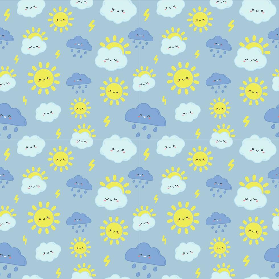 mignonne pluie ciel modèle. souriant content soleil, nuages orageux avec foudre et pluvieux journée des nuages sans couture vecteur illustration