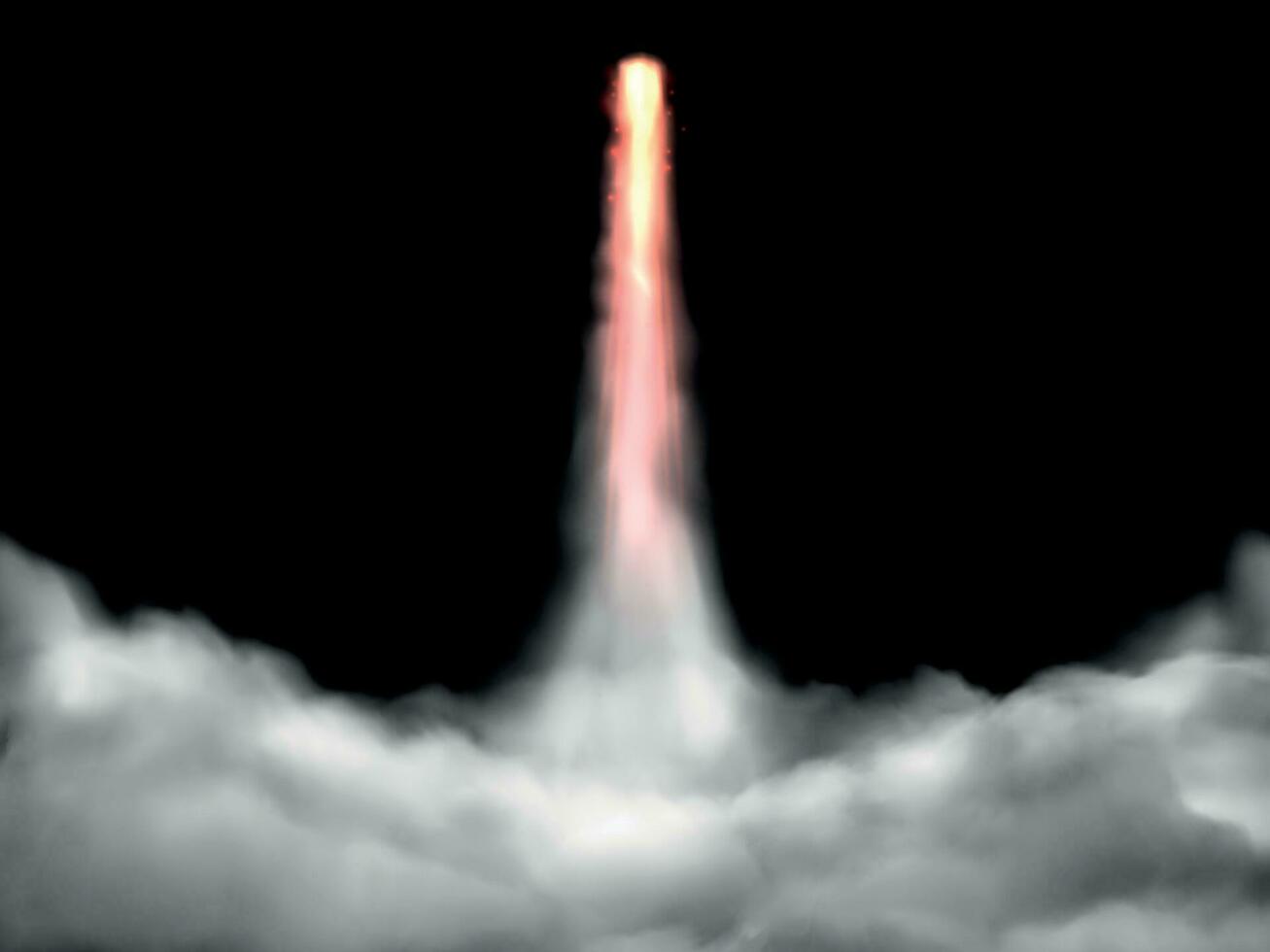 espace fusée décollage piste. vaisseau spatial mouche fusées lancement fumée nuage isolé réaliste vecteur illustration