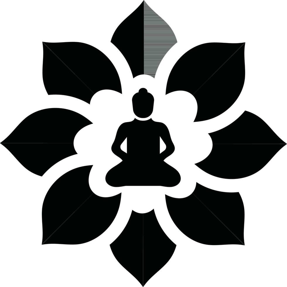 Bouddha séance sur lotus fleur icône dans noir et blanc couleur. vecteur